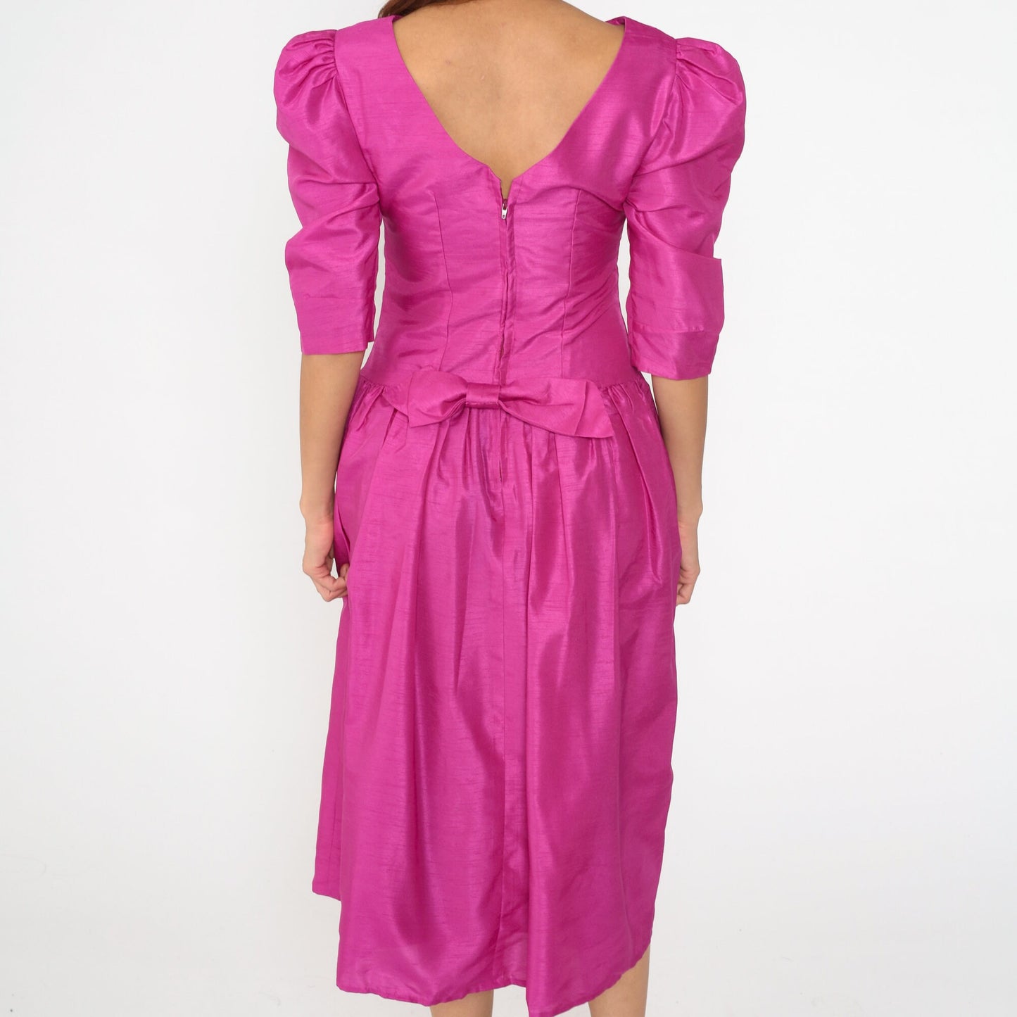 80s Fuchsia Pink Puff Sleeve Midi Dress Drop Waist Full Skirt Small
