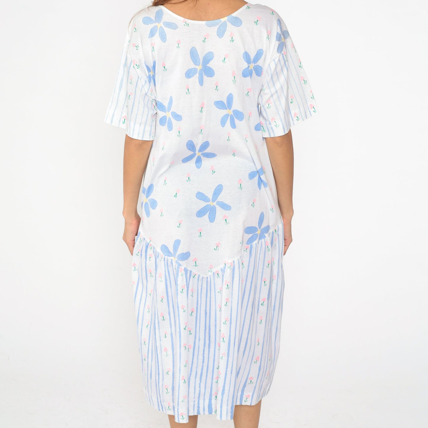 90s Periwinkle Floral Striped Midi Dress Shift Waist Short Sleeve Medium Large