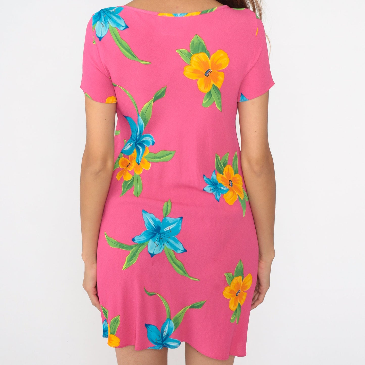 90s Casual Corner Floral Mini Dress Pink Tropical Flower Print Small S