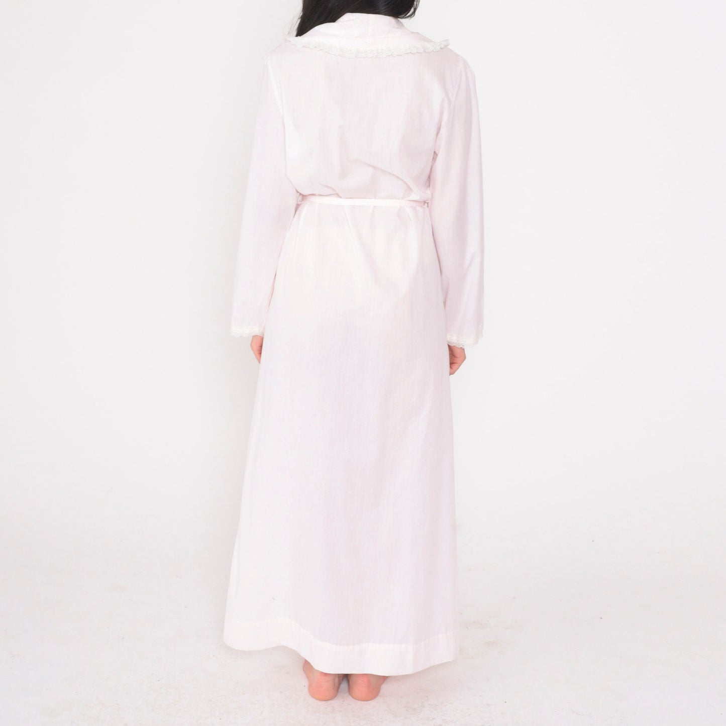 70s Lewis Frimel Pink Maxi Lingerie Robe Lace Floral Embroidered Tie Front Small