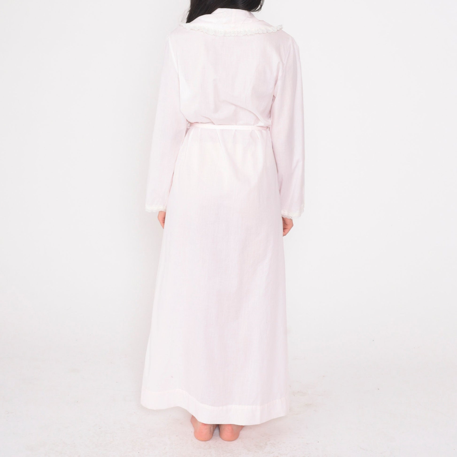 70s Lewis Frimel Pink Maxi Lingerie Robe Lace Floral Embroidered Tie Front Small