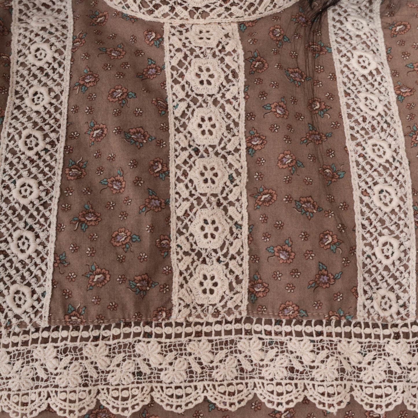 70s Jessica McClintock Floral Prairie Midi Dress Cocoa Brown Lace Bib Extra Small