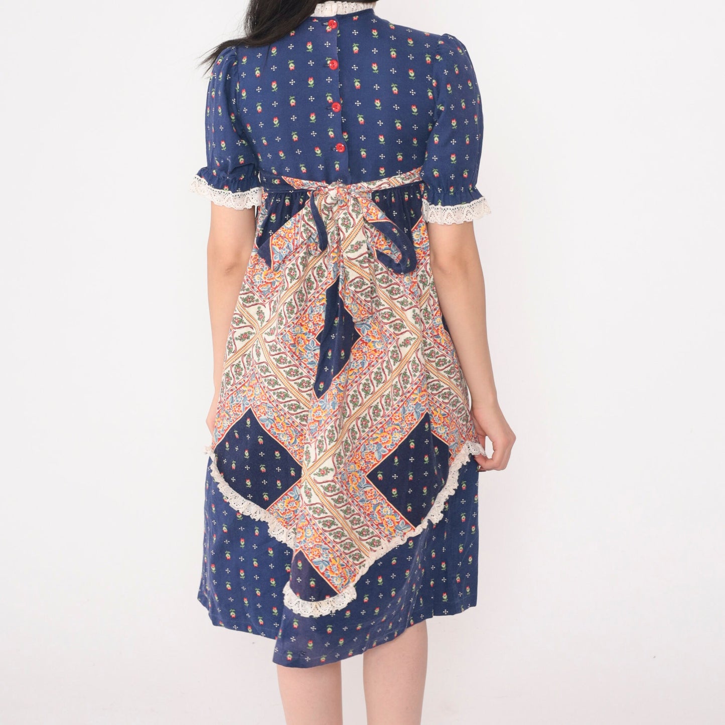 70s Arlene Airess Babydoll Dress Blue Calico Floral Puff Sleeve Mini XXS