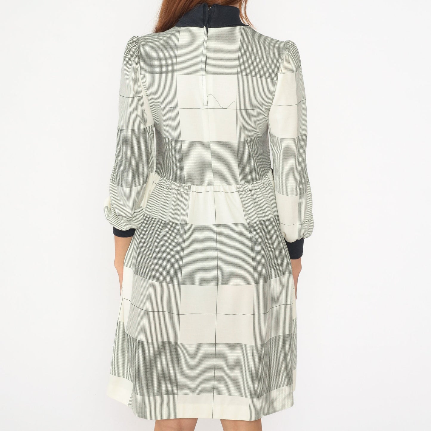 80s Cream Black Checkered Midi Dress Puff Sleeve Turtleneck Small Petite