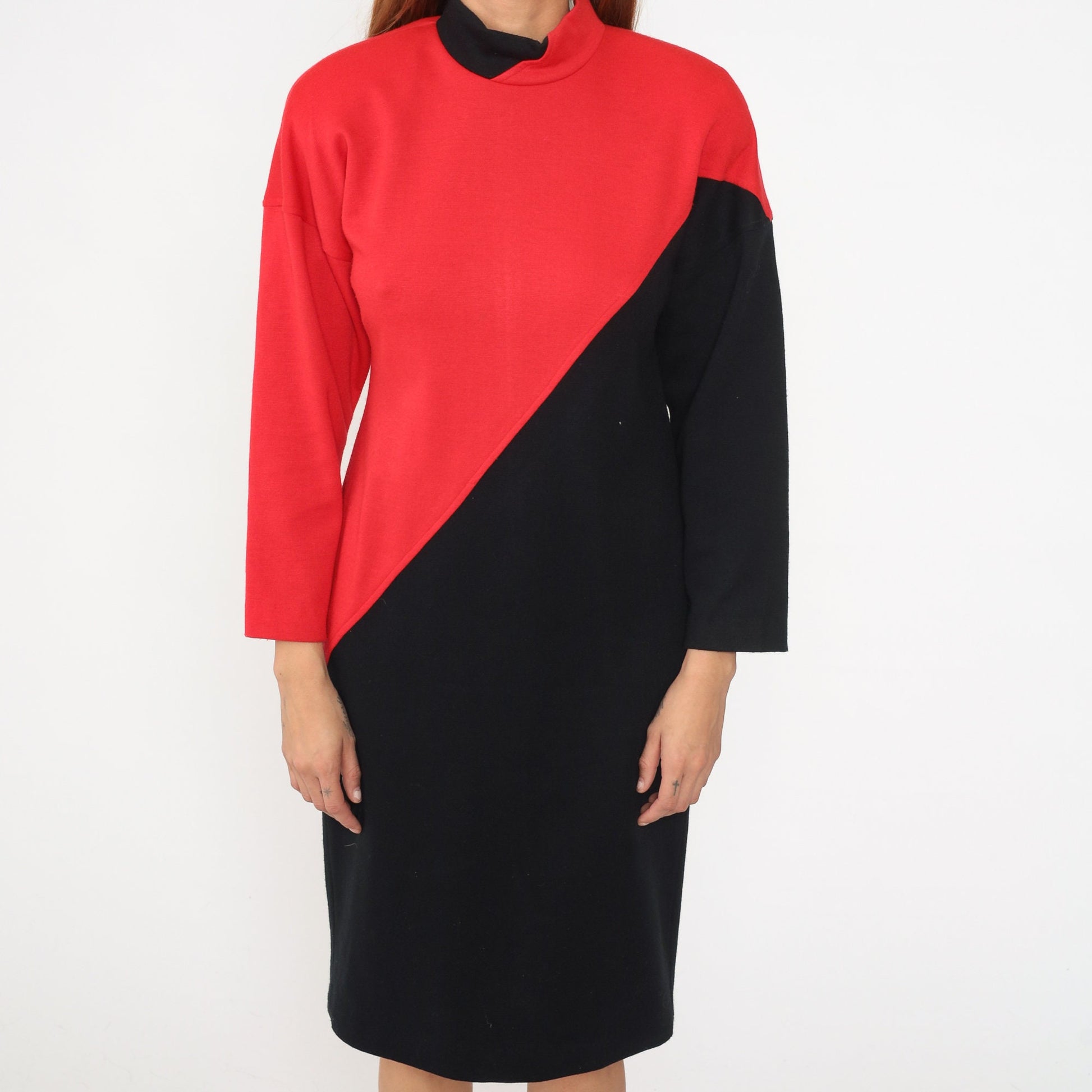 80s Color Block Dress Red Black Mock Neck Sheath Midi Long Sleeve Medium