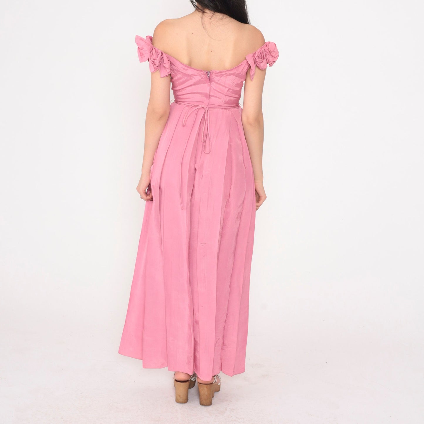 80s Pink Off-Shoulder Maxi Prom Dress Bow Sleeves Pleated Skirt Extra Small