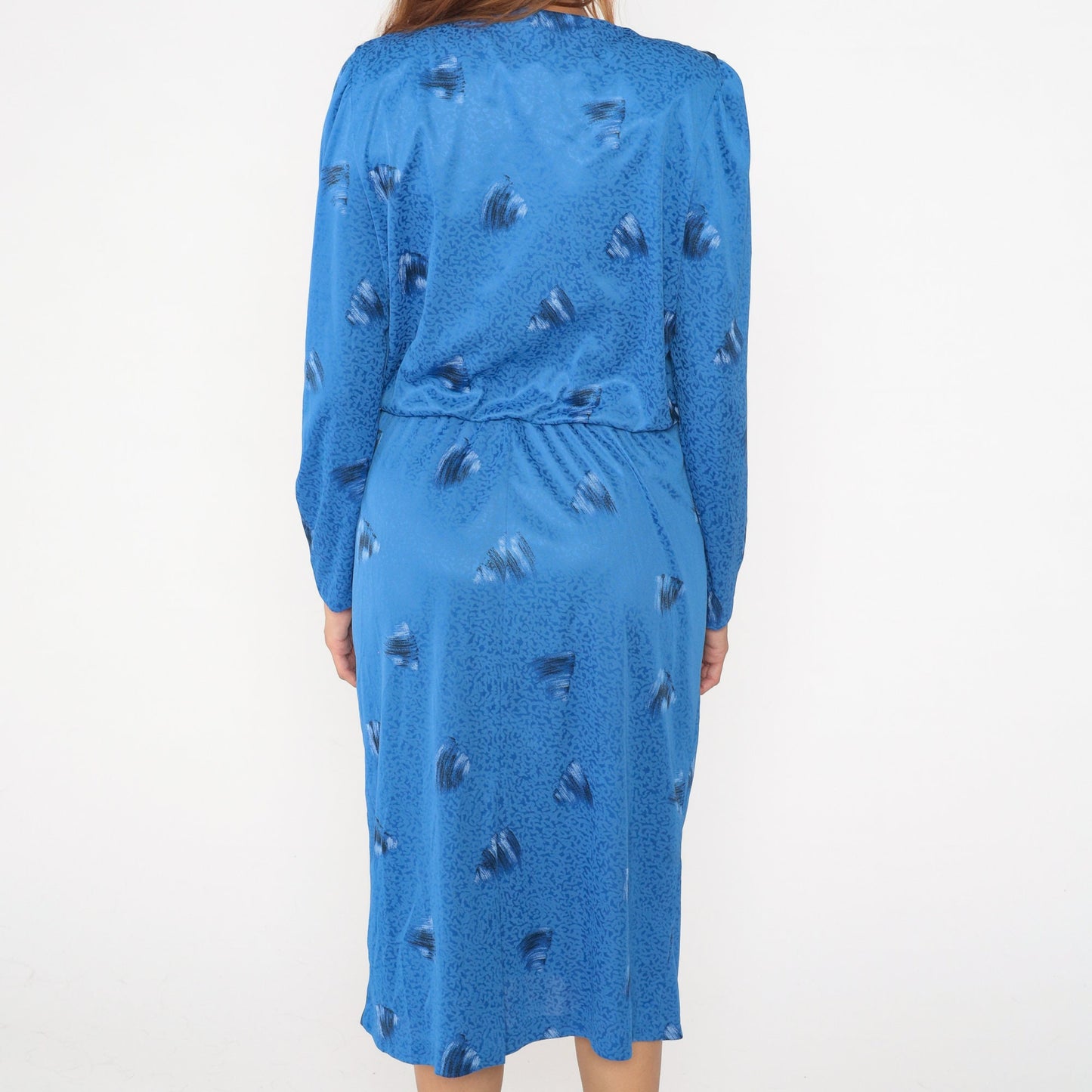 80s Blue Brushstroke Midi Dress Puff Sleeve High Waist Blouson Large