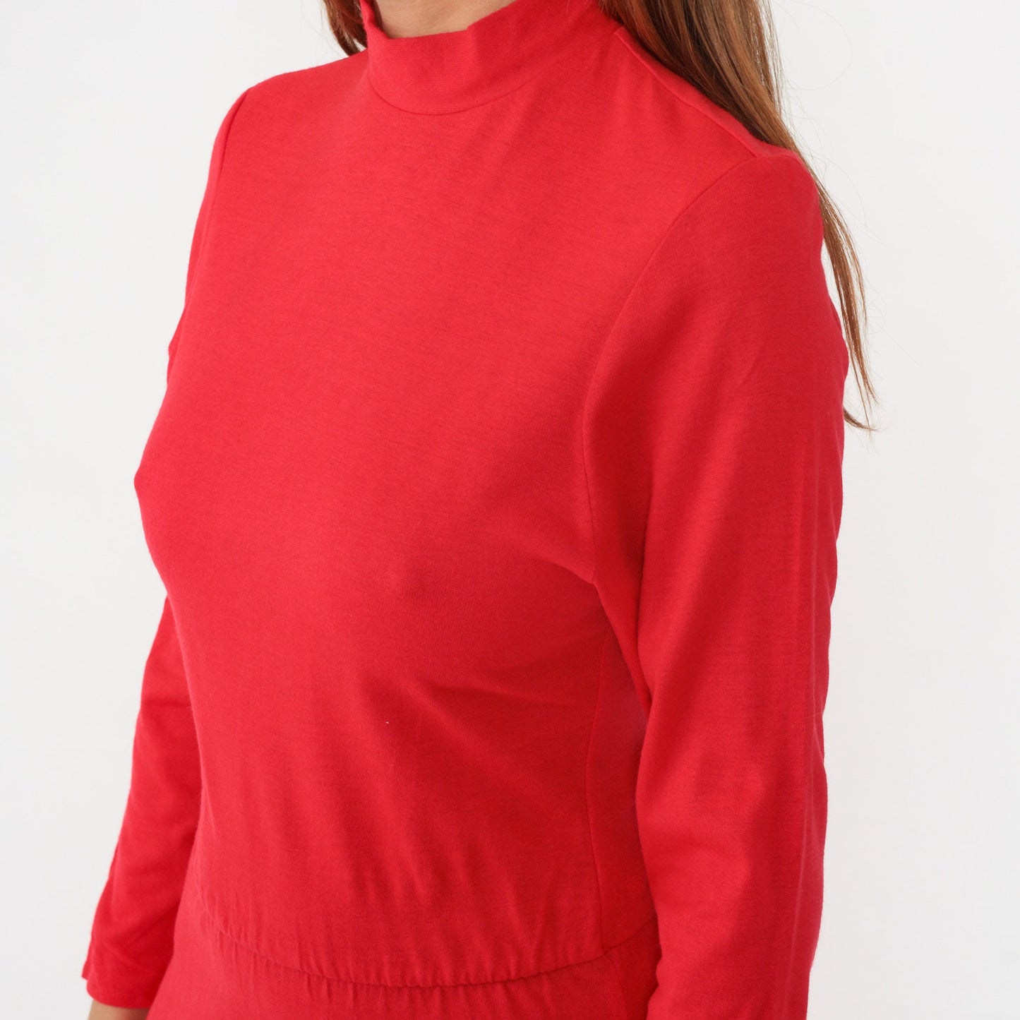 80s Red Acrylic Mock Neck Midi Dress Long Sleeve Pockets Small