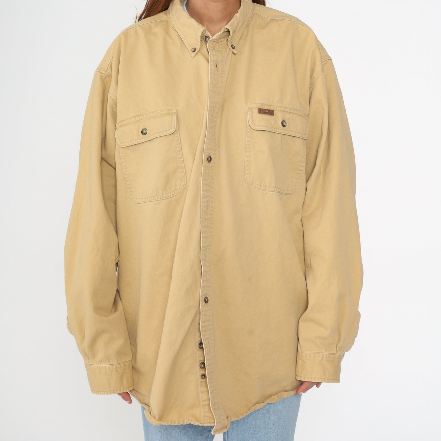 90s Carhartt Cotton Work Shirt Beige Button-Up Long Sleeve 2XL