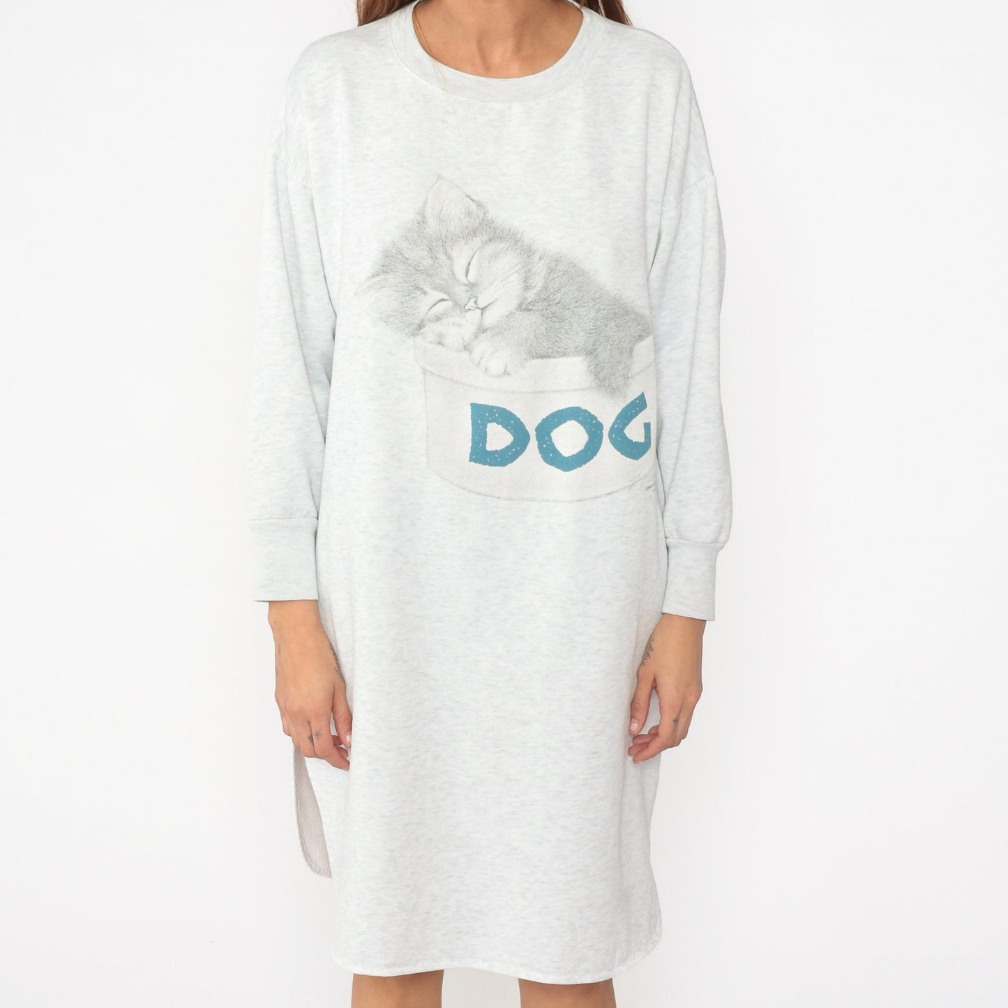 90s Kitten Pajama Dress Sweatshirt Nightgown Cat Graphic Grey Medium