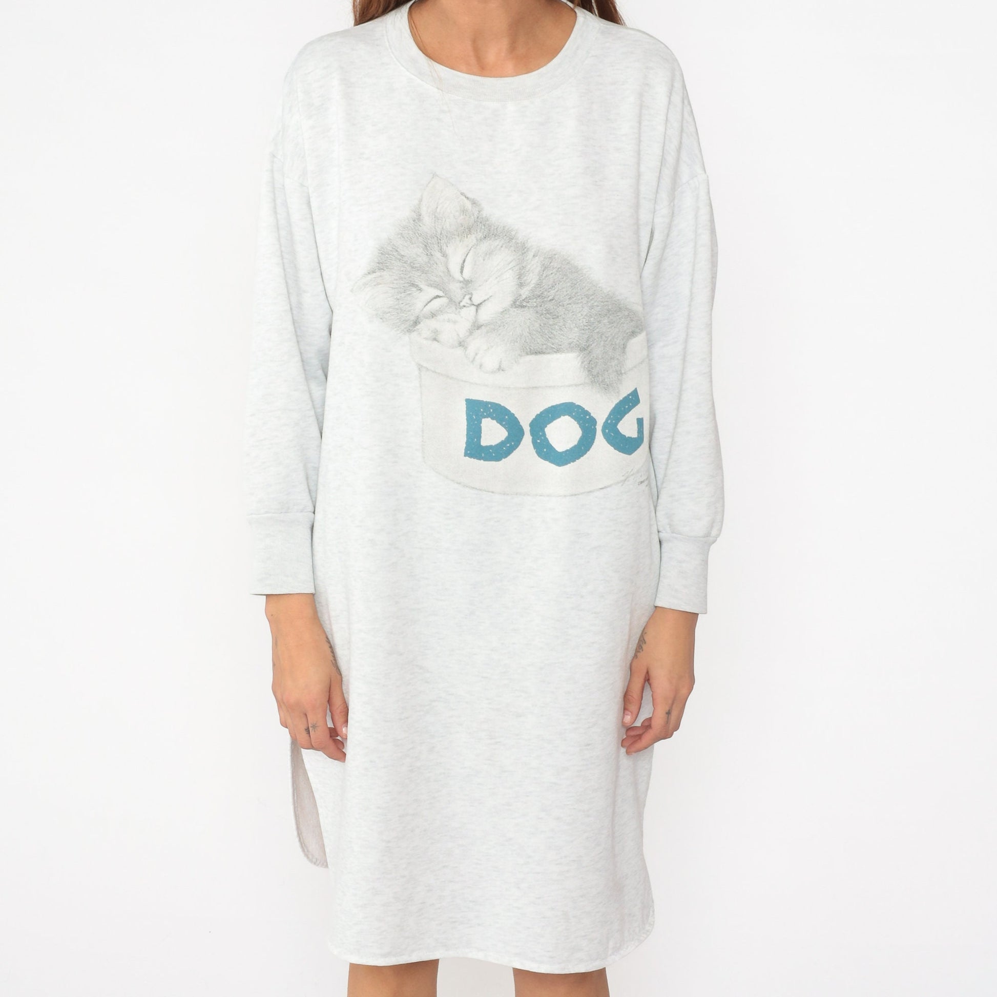 90s Kitten Pajama Dress Sweatshirt Nightgown Cat Graphic Grey Medium