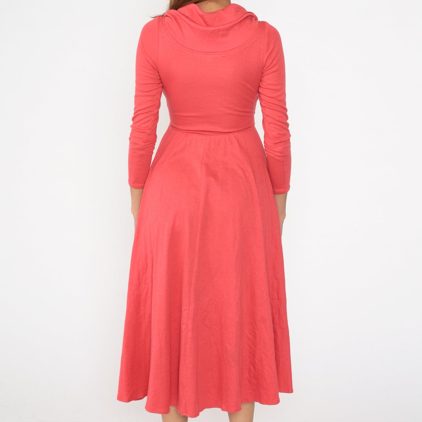 90s Coral Wrap Midi Dress Deep V Neck Long Sleeve High Waist Small S