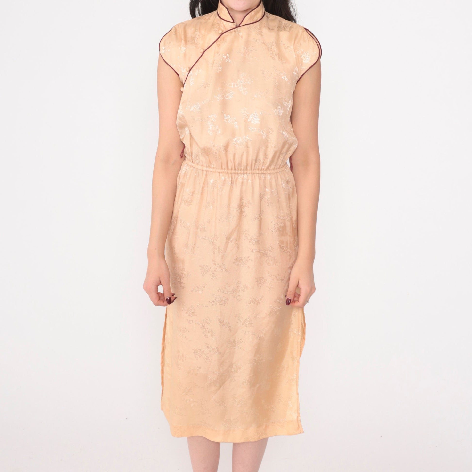 80s Peach Cheongsam Midi Dress Mandarin Collar Pagoda Print Small
