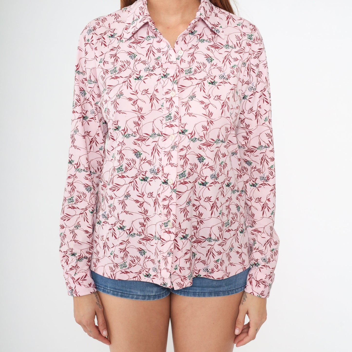70s Disco Floral Vine Print Blouse Baby Pink Pointed Collar Long Sleeve Large