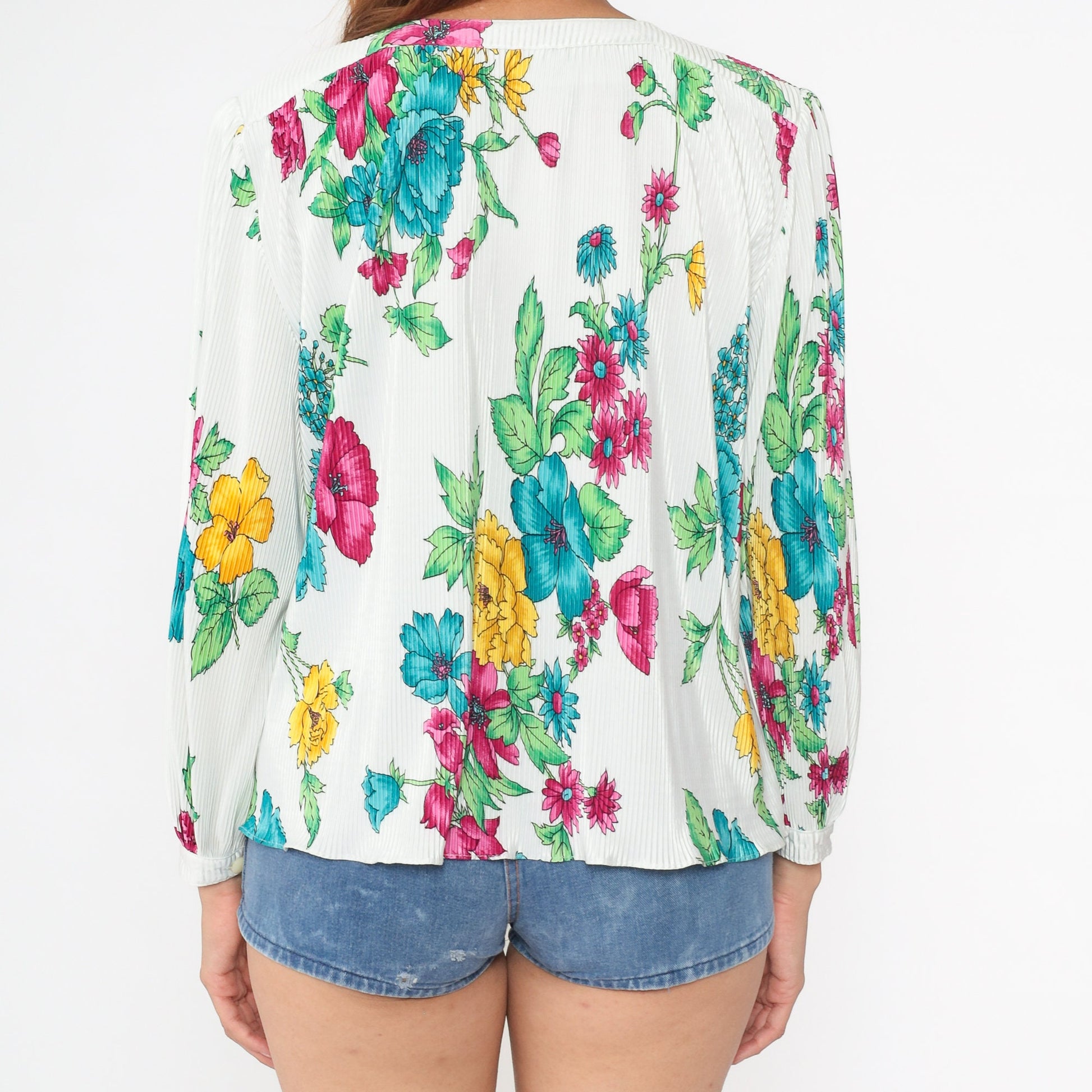 80s White Floral Button-Up Blouse Knife Pleated Puff Sleeve Large L