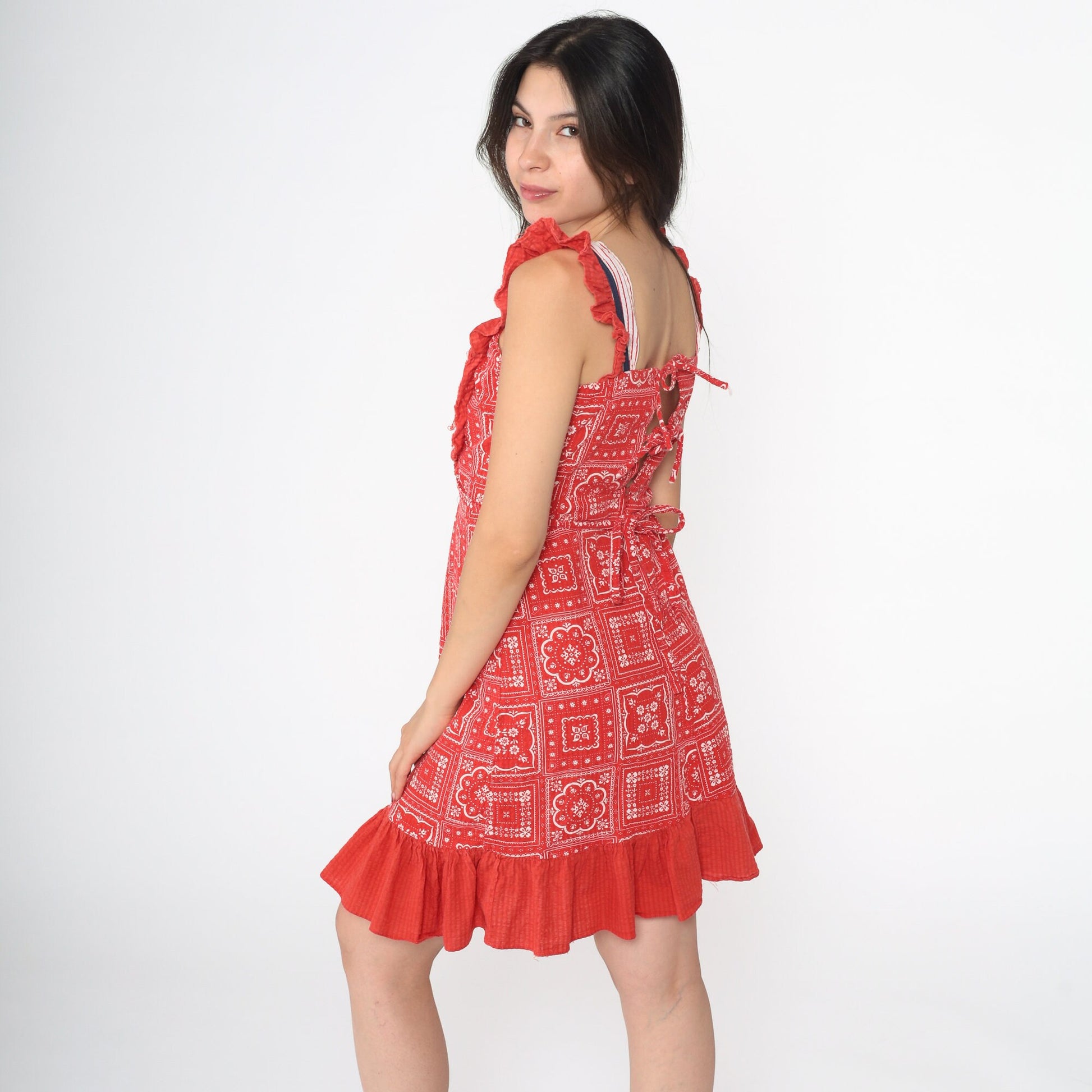 70s Red Bandana Print Mini Sundress Chevron Bib Tie-Back Sleeveless 2XS