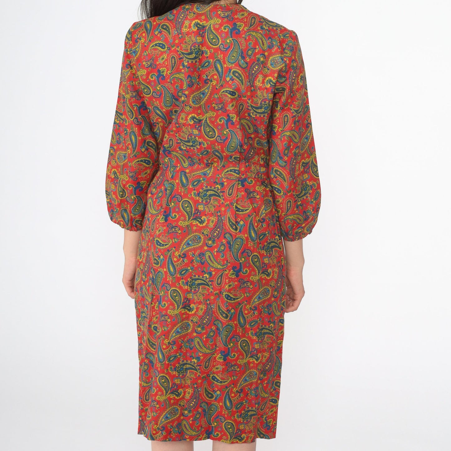 60s Paisley Button-Up Midi Dress Red Ruffle Front High Waist Small