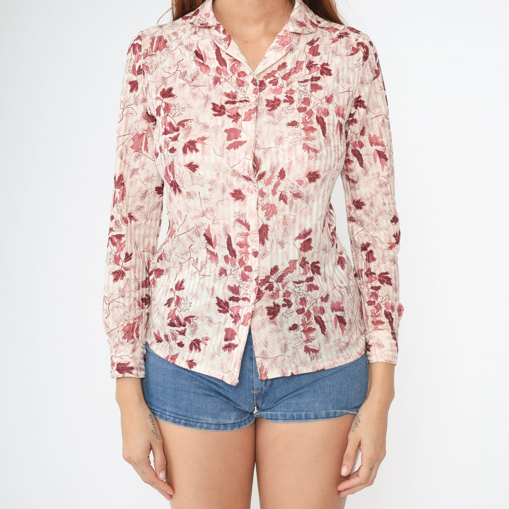 70s Leaf Print Button-Up Blouse Burgundy Pink Cream Long Sleeve Small