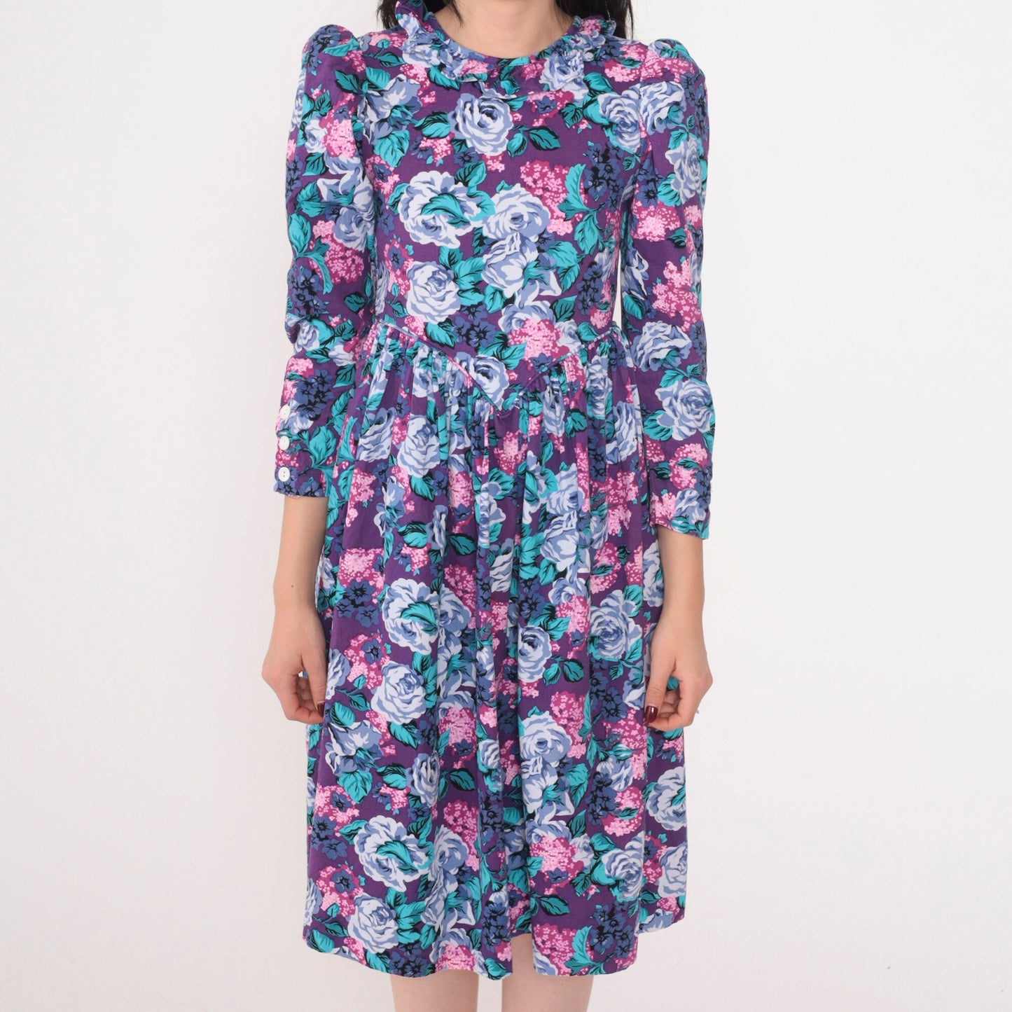 80s Purple Floral Midi Dress Puff Sleeve Basque Waist Ruffle Neckline XXS