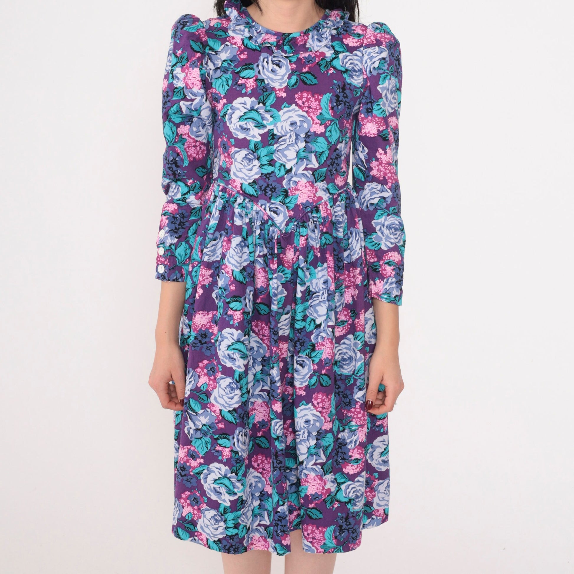 80s Purple Floral Midi Dress Puff Sleeve Basque Waist Ruffle Neckline XXS