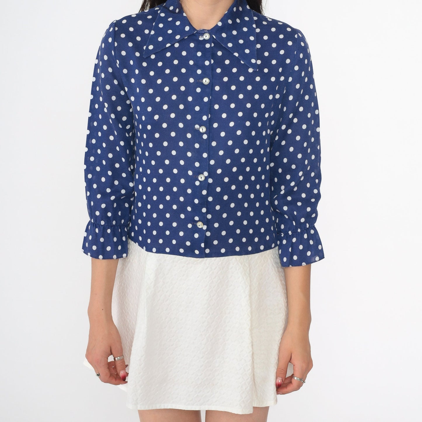60s Mod Polka Dot Mini Dress Navy Blue Button-Up Dagger Collar Small S