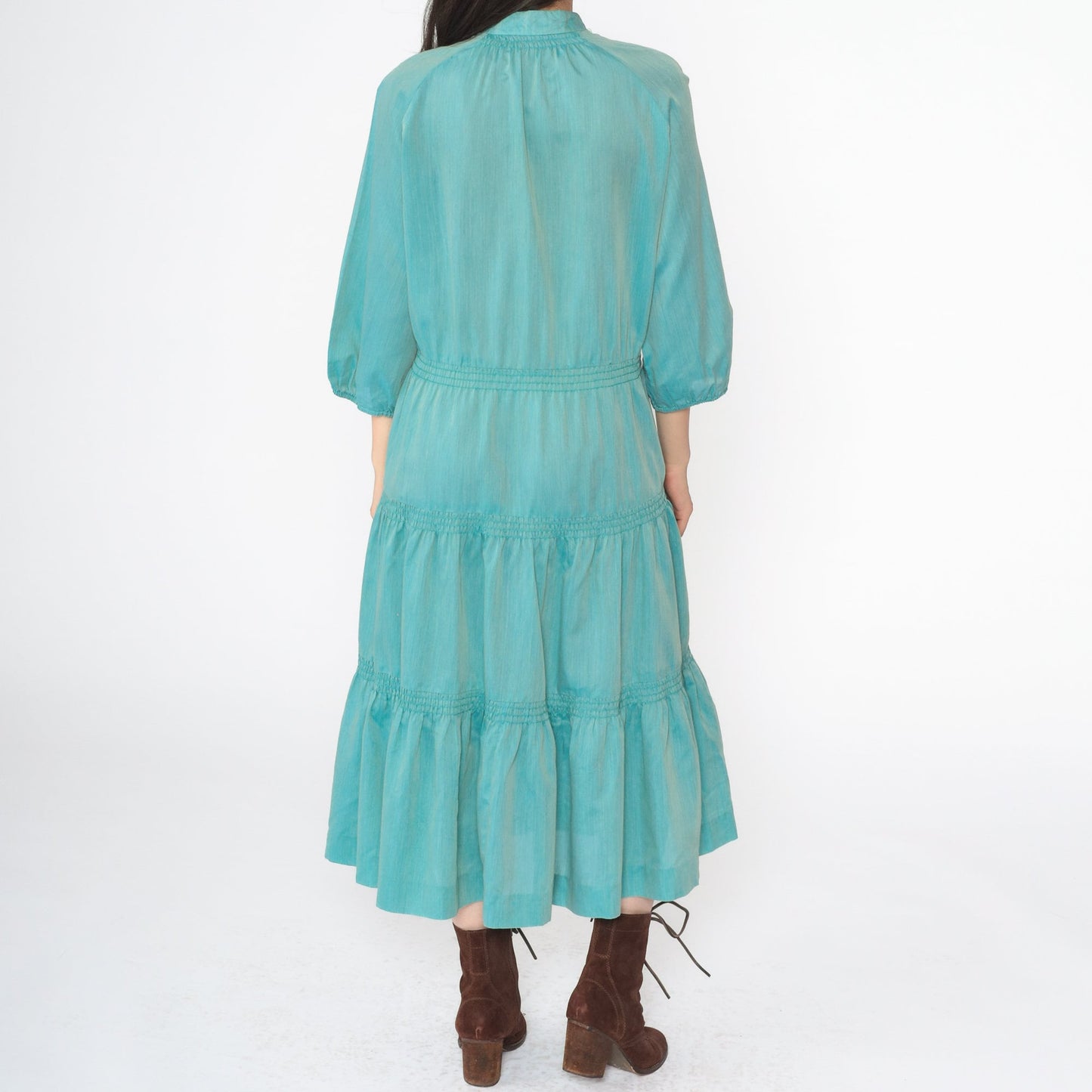 60s Peasant Midi Dress Aqua Blue Keyhole Mandarin Collar Tiered Raglan Medium Large