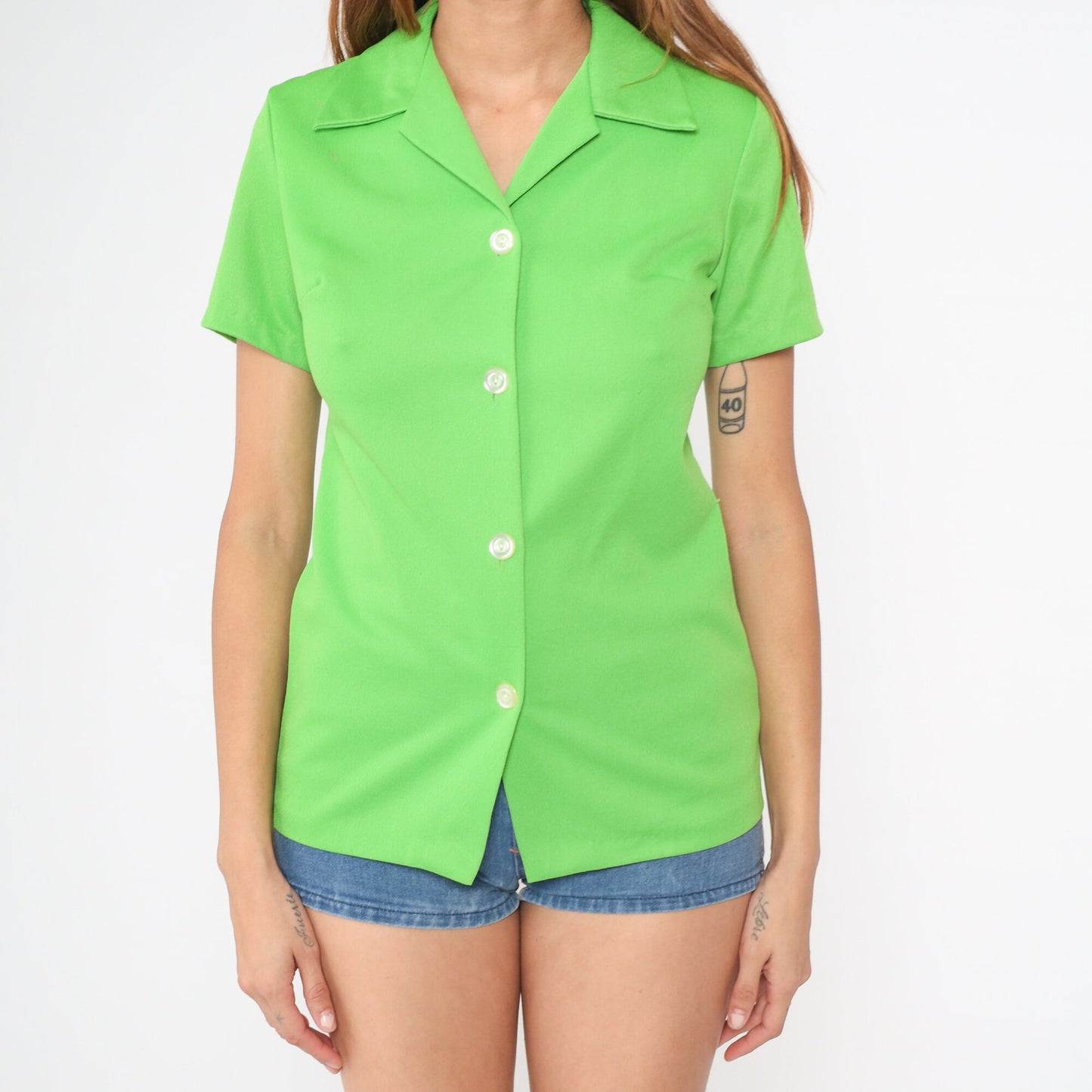 70s Lime Green Button-Up Blouse Short Sleeve Collar Small S