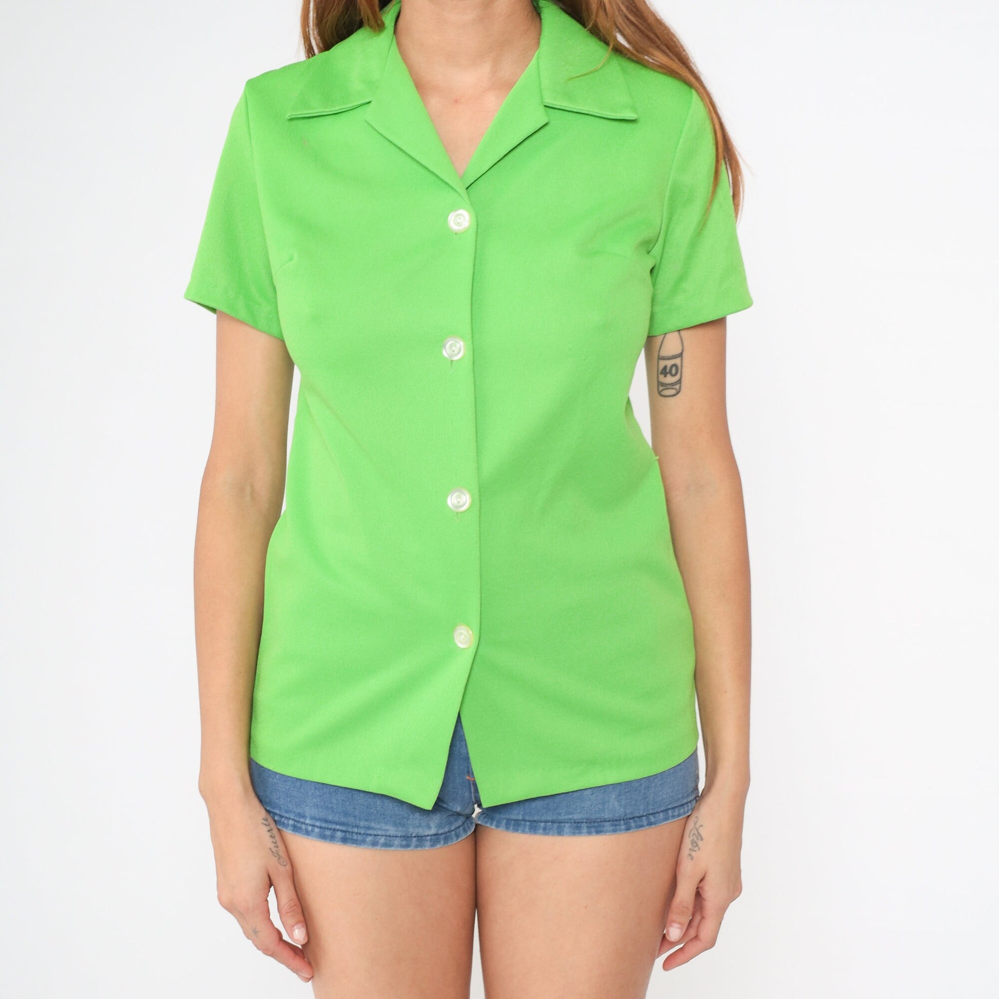 70s Lime Green Button-Up Blouse Short Sleeve Collar Small S