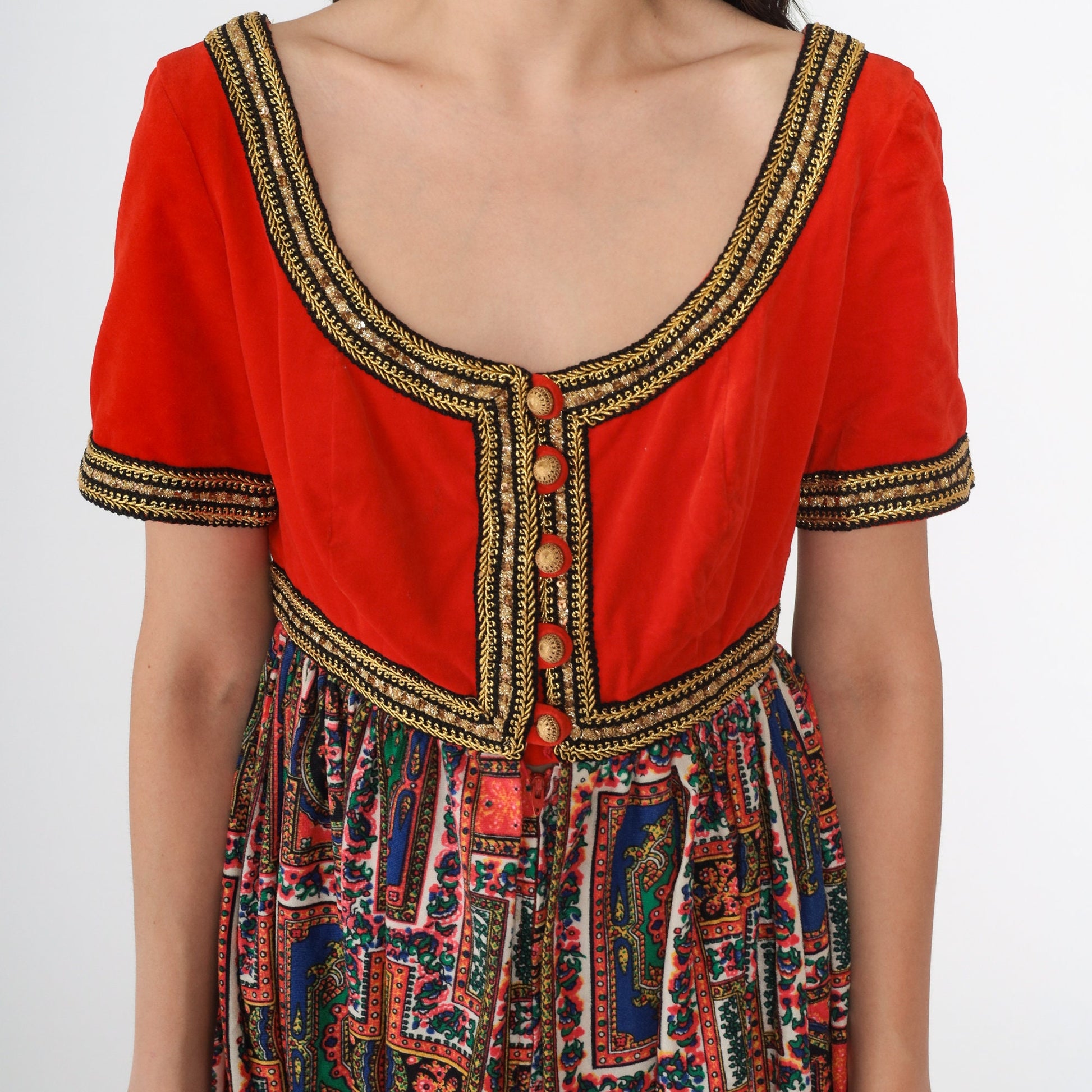 60s Velvet Mini Dress Orange Gold Trim Psychedelic Medallion Empire Waist Small