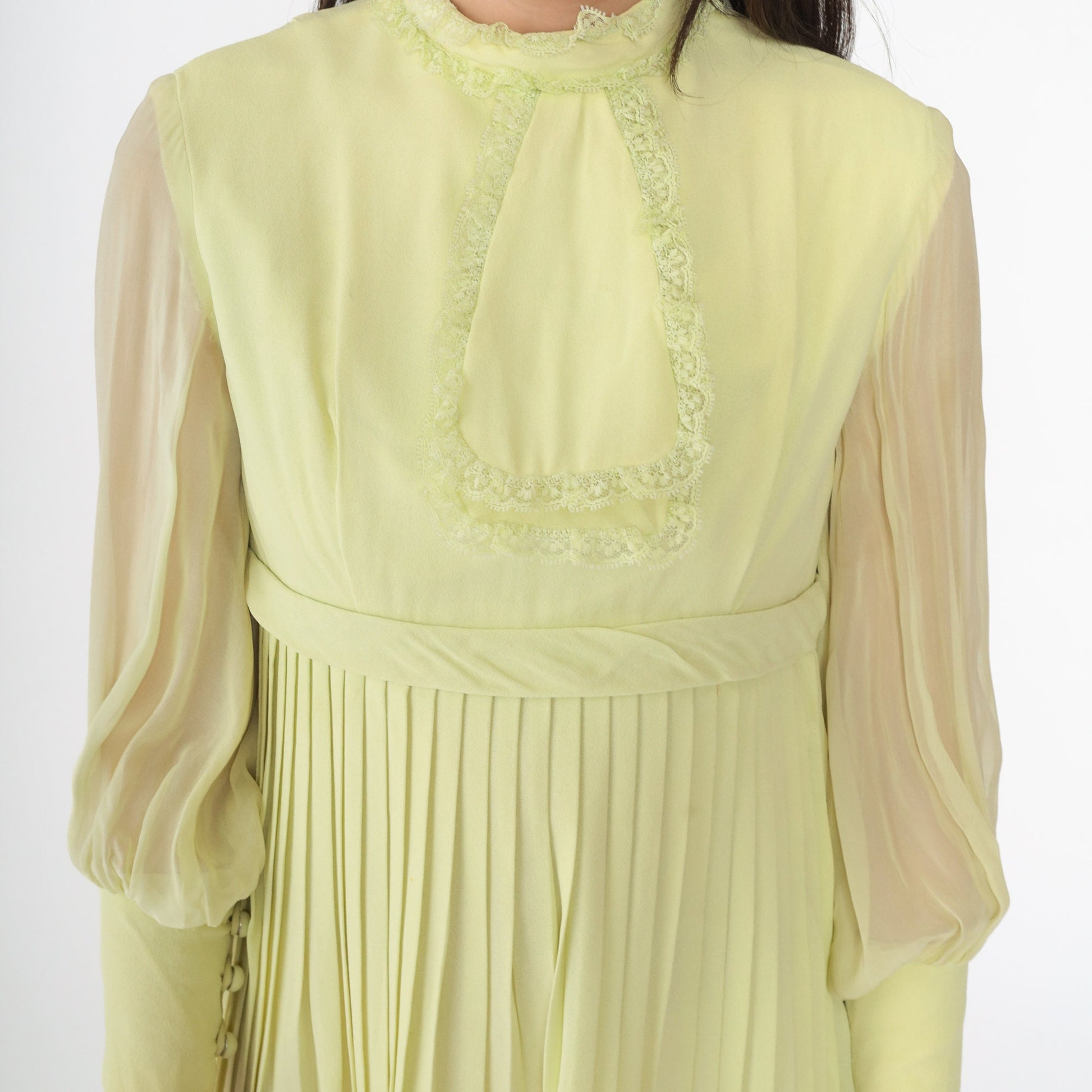 60s Lime Green Mini Dress Empire Waist Pleated Chiffon Sleeve Extra Small