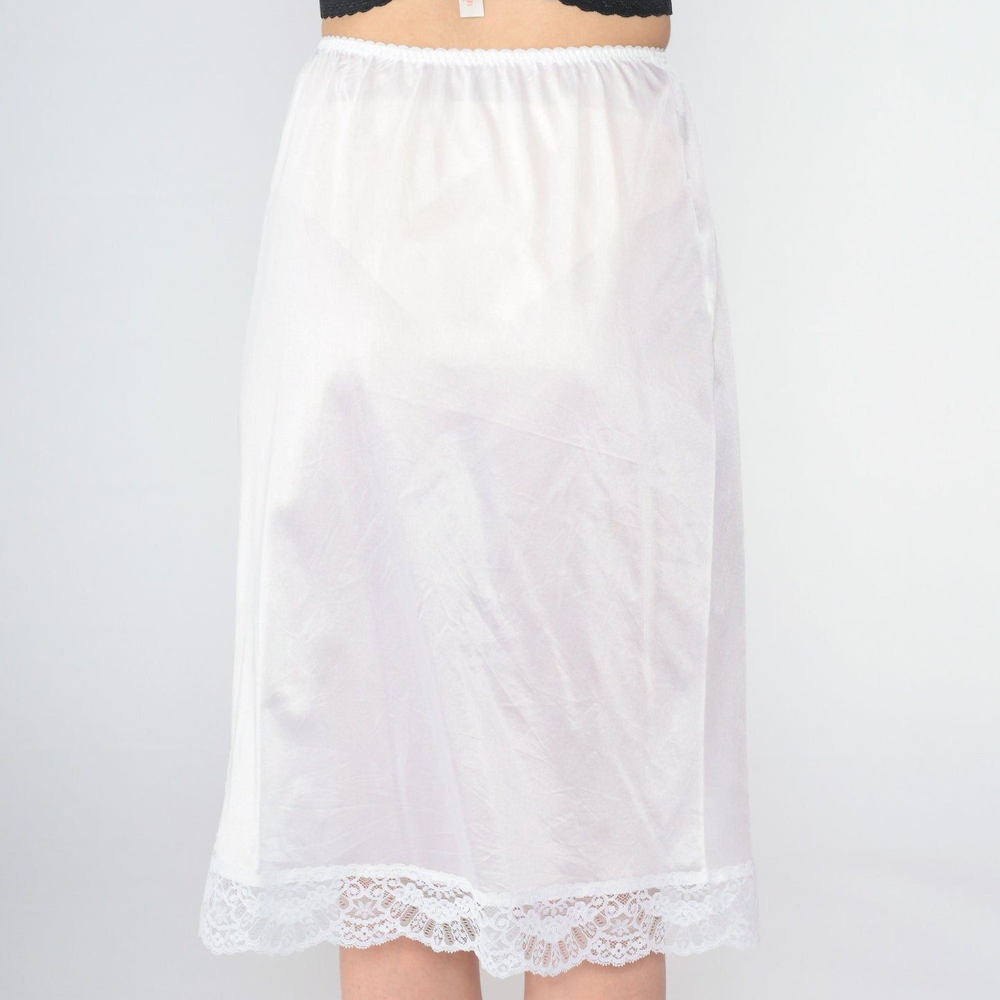 80s White Nylon Lace Slip Skirt Scalloped Hem Elastic Waist Small