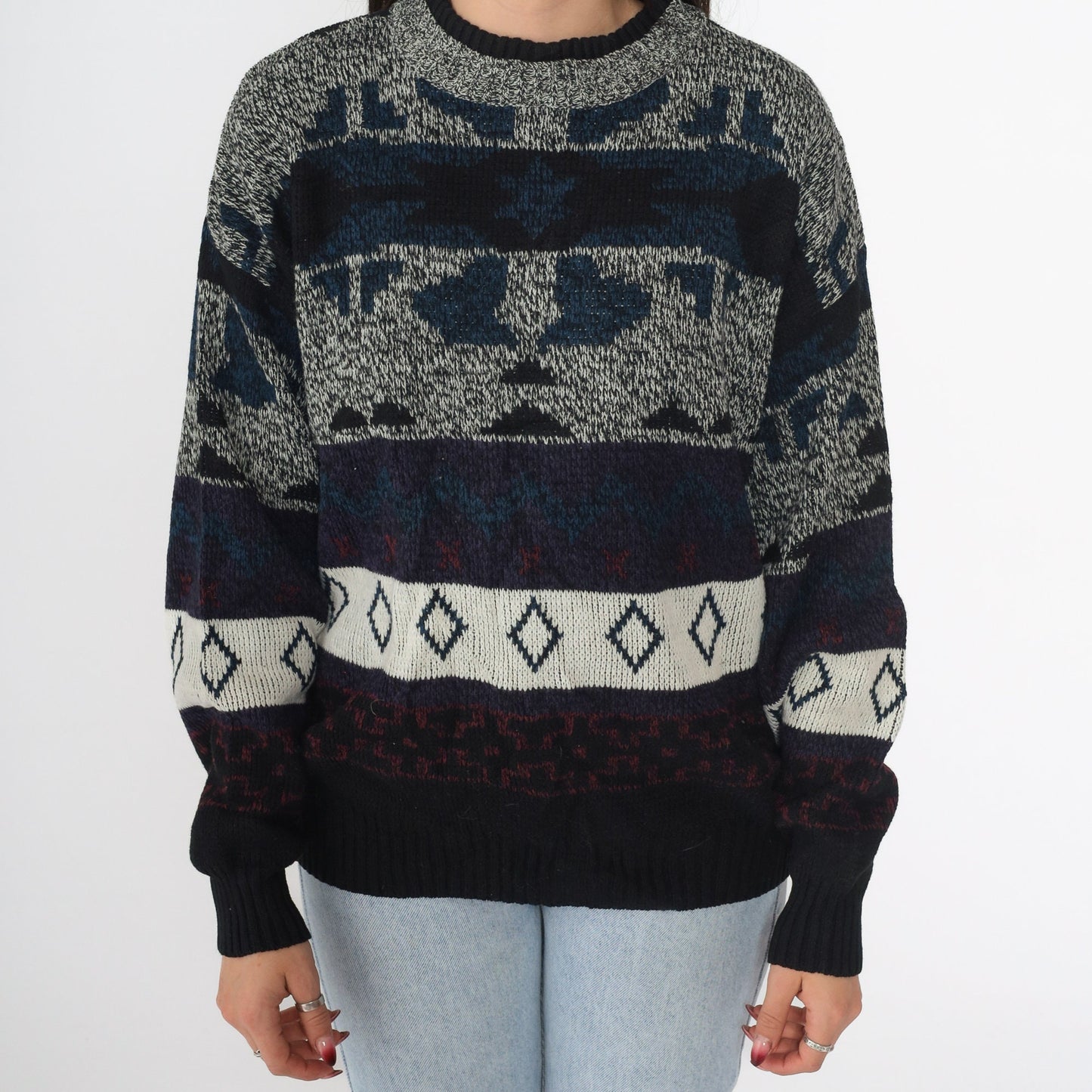 90s Geometric Jacquard Pullover Sweater Black Grey Blue Medium