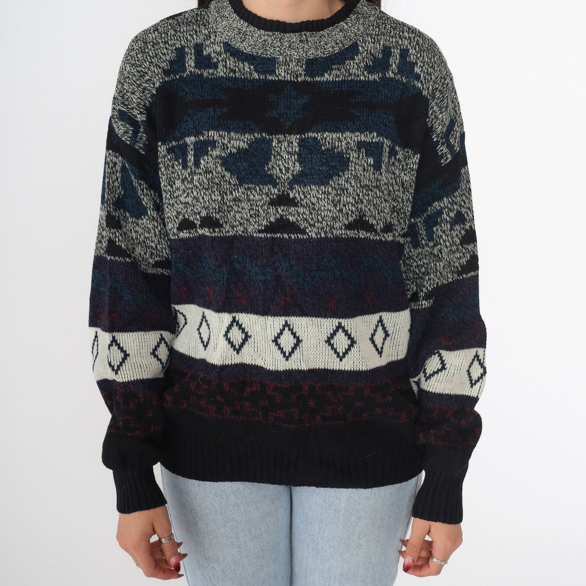 90s Geometric Jacquard Pullover Sweater Black Grey Blue Medium