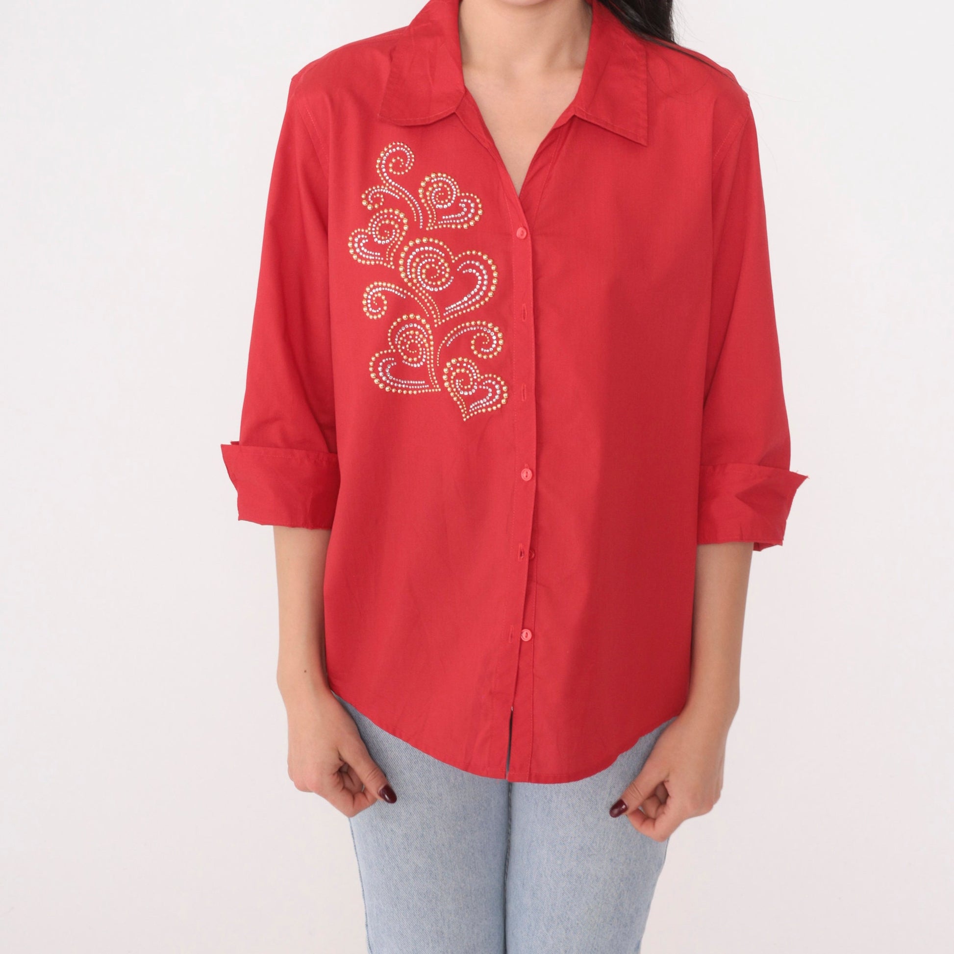 90s Red Studded Heart Button-Up Blouse Gold Silver Studs 3/4 Sleeve Medium M