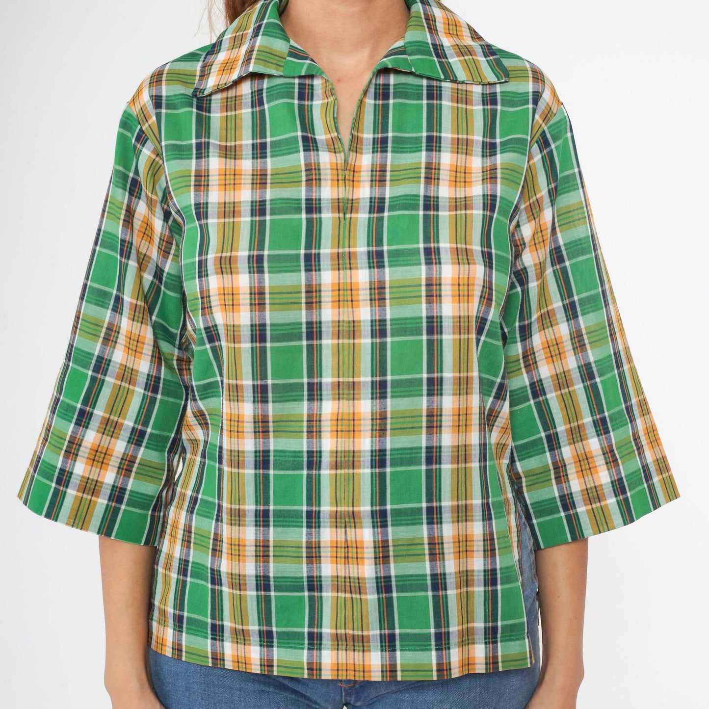 70s Green Plaid Tunic Blouse 3/4 Sleeve Collared Shirt Small