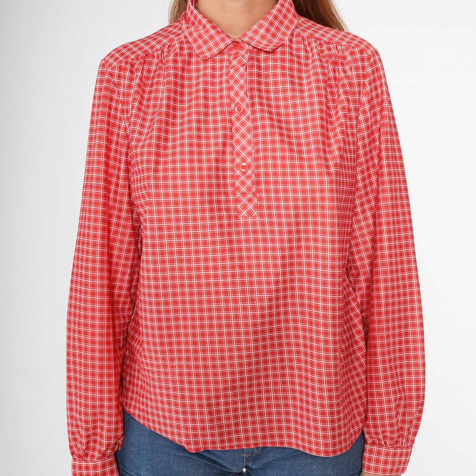 70s Checkered Blouse Red White Collared Long Sleeve Polo Shirt Medium M
