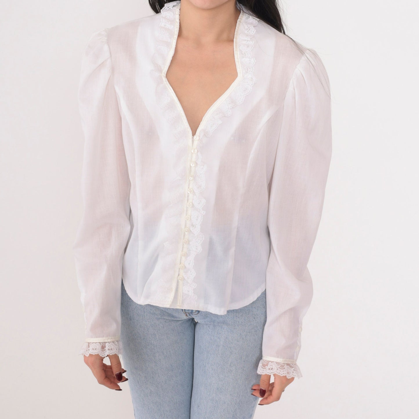 80s White Semi-Sheer Button-Up Blouse Lace Trim Puff Sleeve Medium