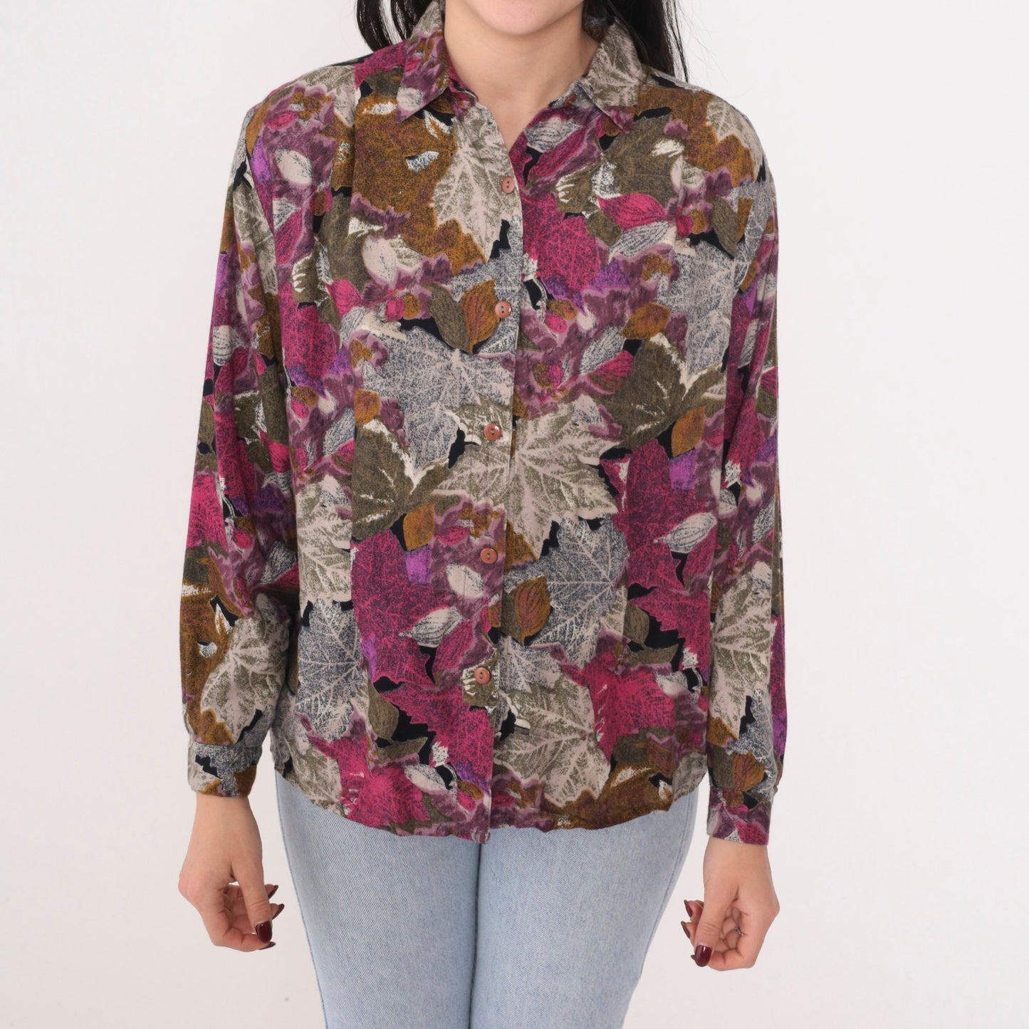 90s Dudwell Leaf Print Button-Up Blouse Long Sleeve Multicolor Large L