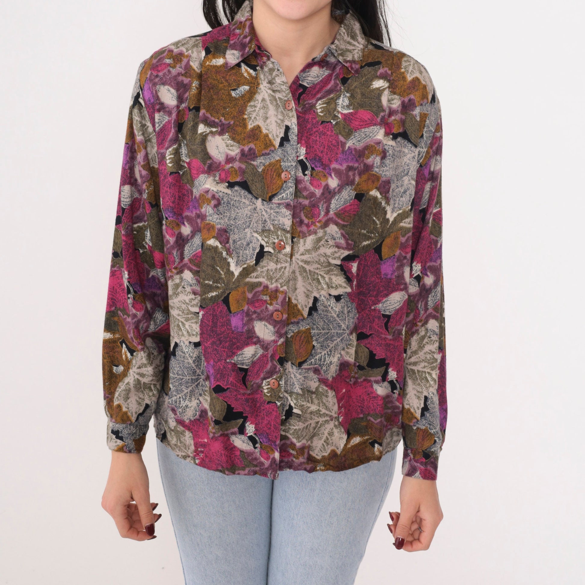 90s Dudwell Leaf Print Button-Up Blouse Long Sleeve Multicolor Large L
