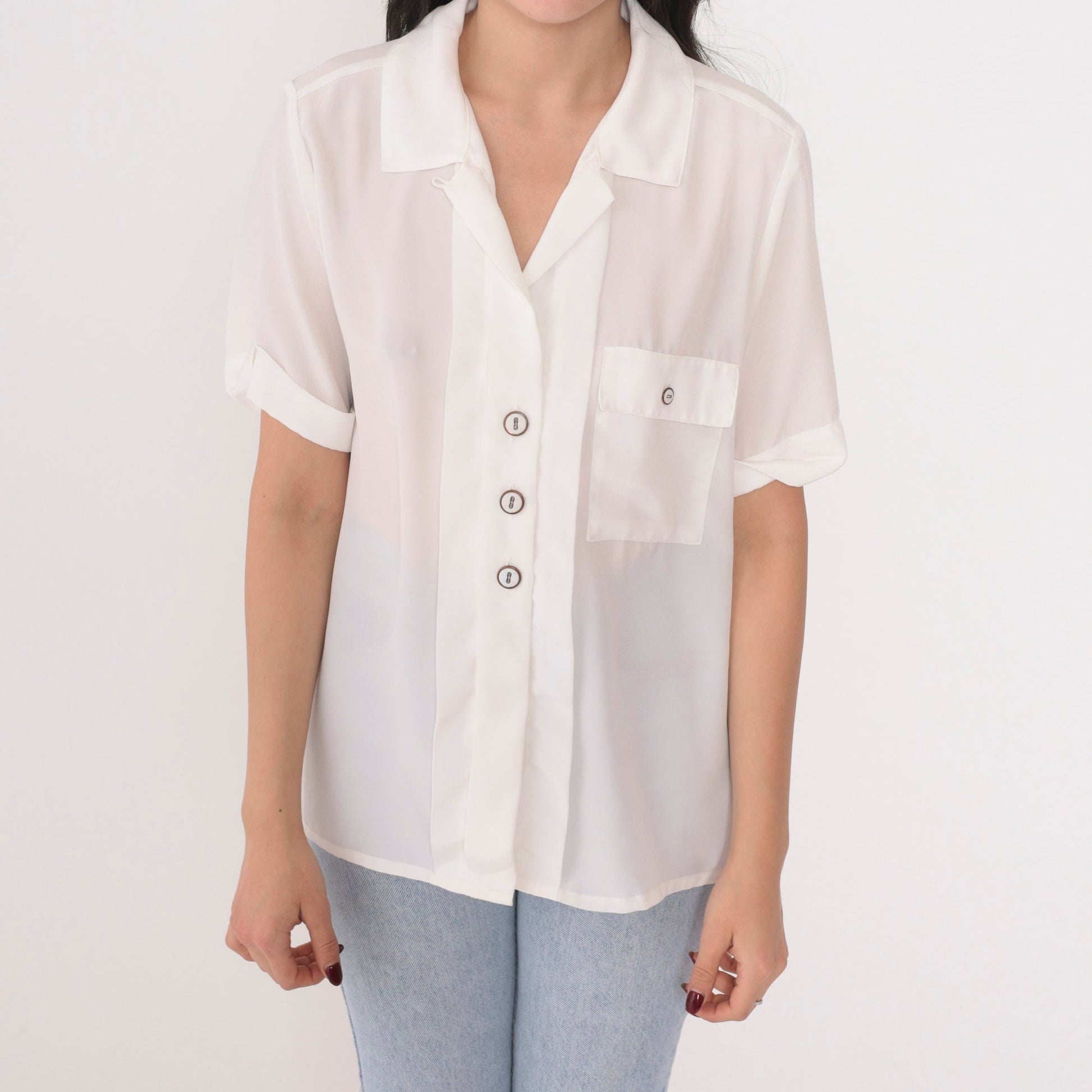 90s Nicola White Sheer Button-Up Blouse V-Neck Chest Pocket Small S