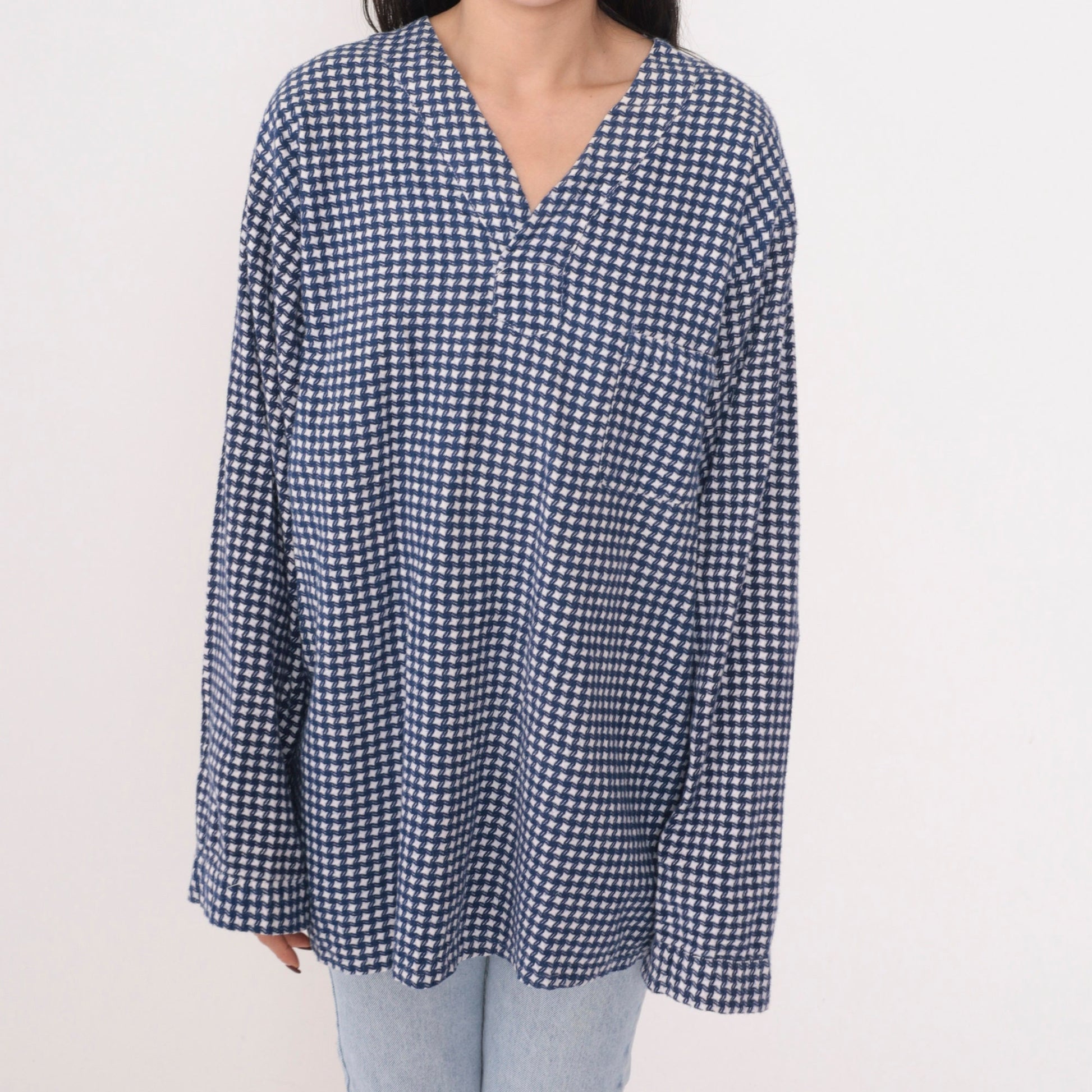 80s Blue White Checkered Cotton Tunic Top Long Sleeve V-Neck Extra Large XL