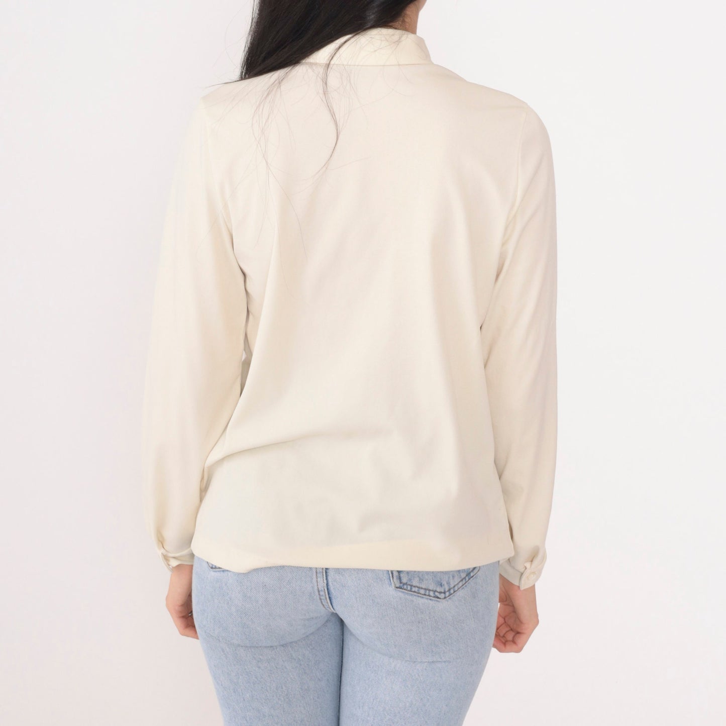 70s Cream Necktie Blouse Button Up Long Sleeve Lace Trim Small