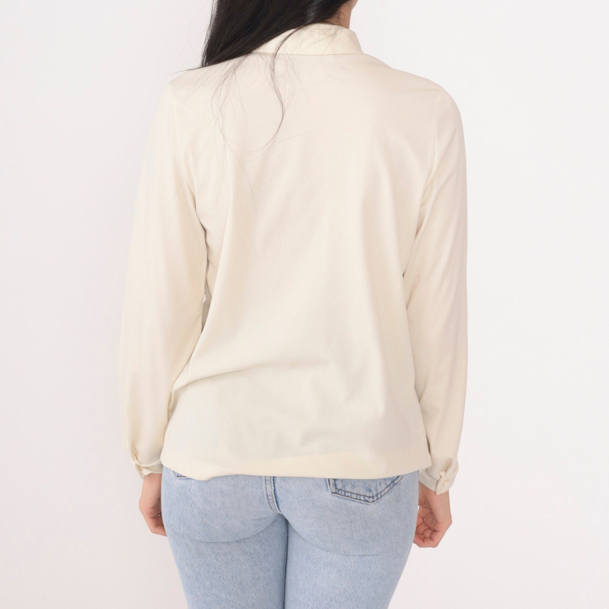 70s Cream Necktie Blouse Button Up Long Sleeve Lace Trim Small