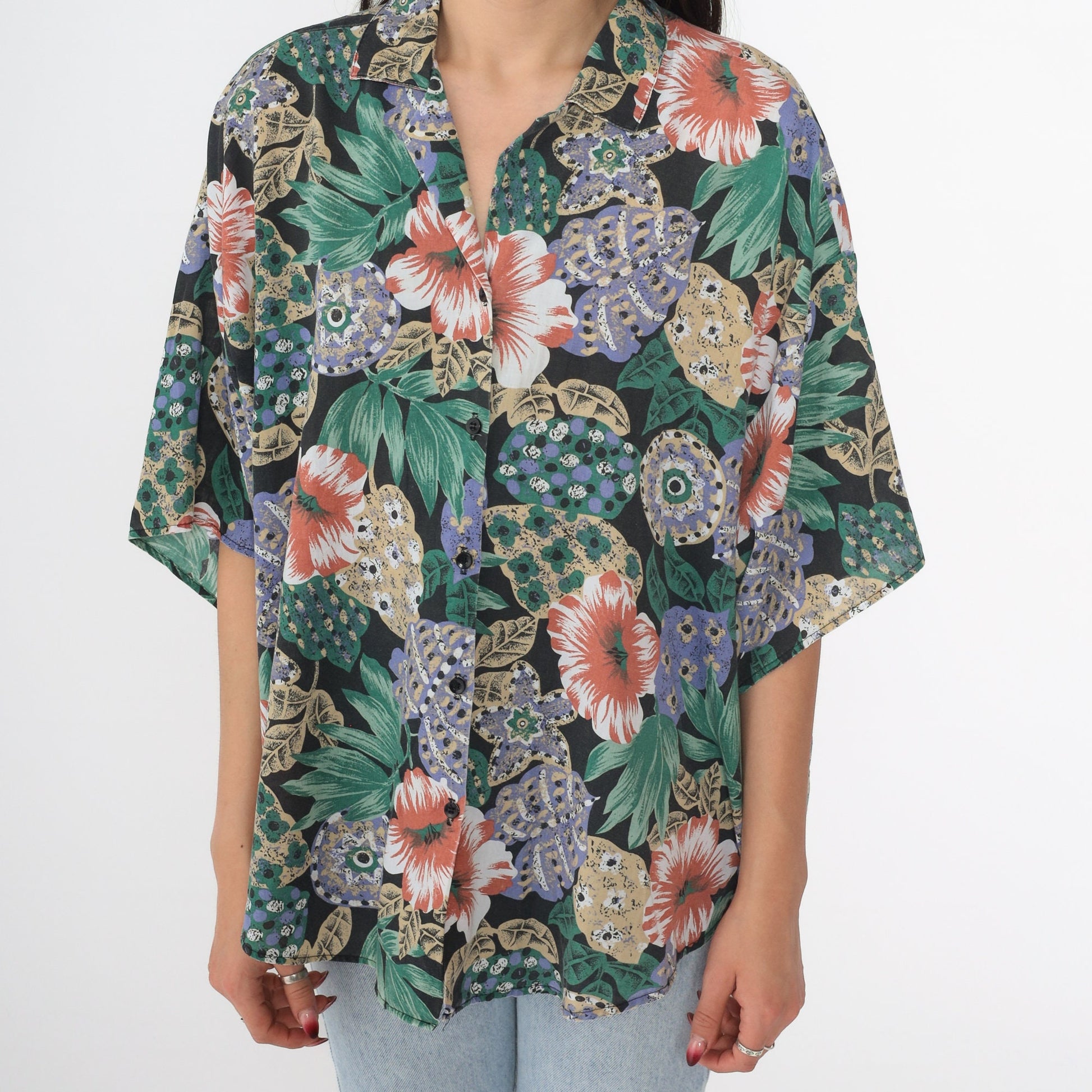 90s Tropical Floral Button Up Blouse Short Sleeve Blue Plus Size 18W