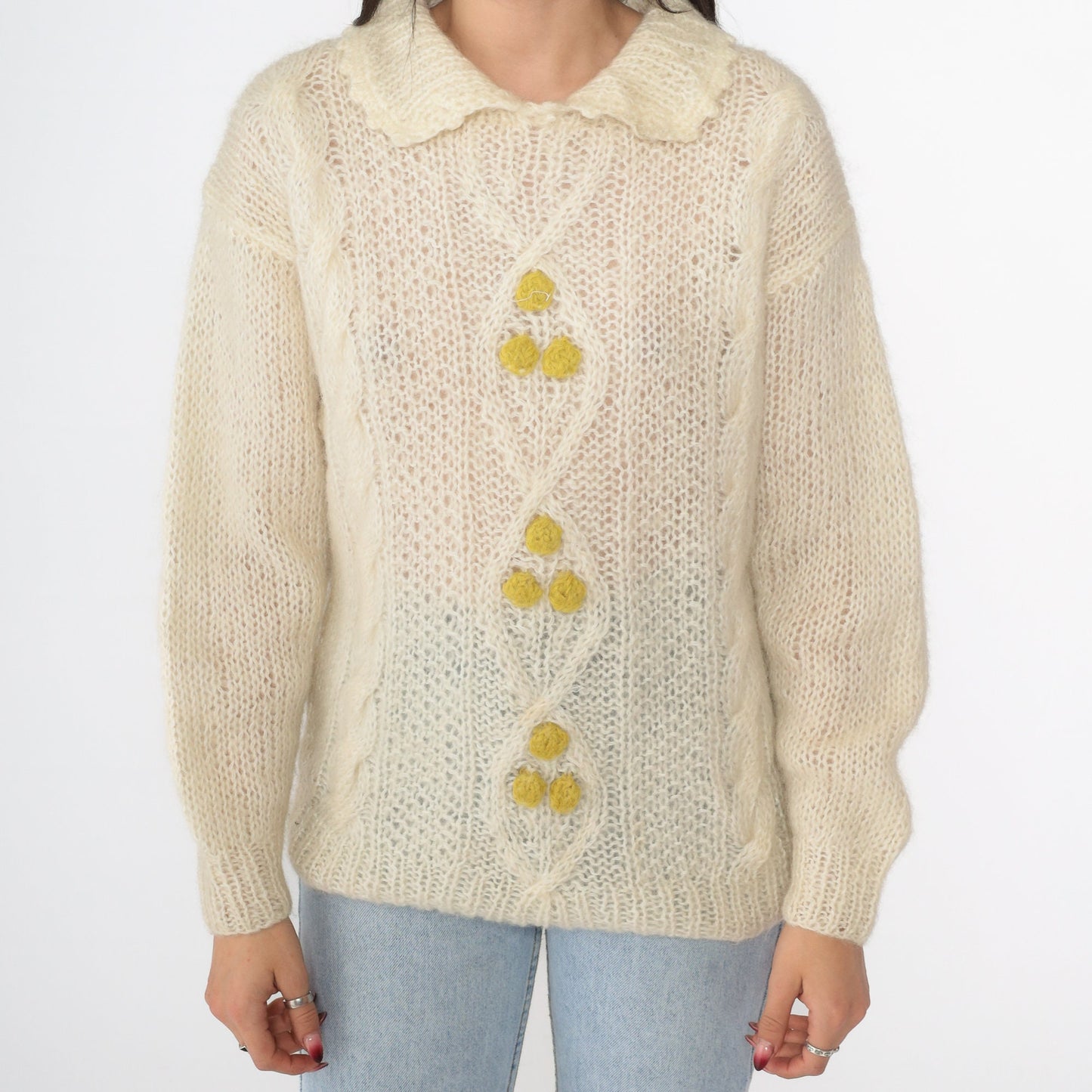 80s Cream Cable Knit Sweater Sheer Open Weave Collared Pullover Medium