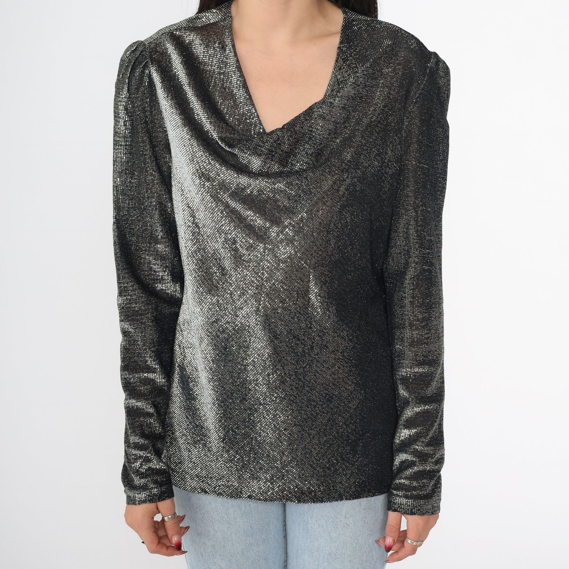 70s Metallic Silver Cowl Neck Blouse Puff Sleeve Party Top Small S