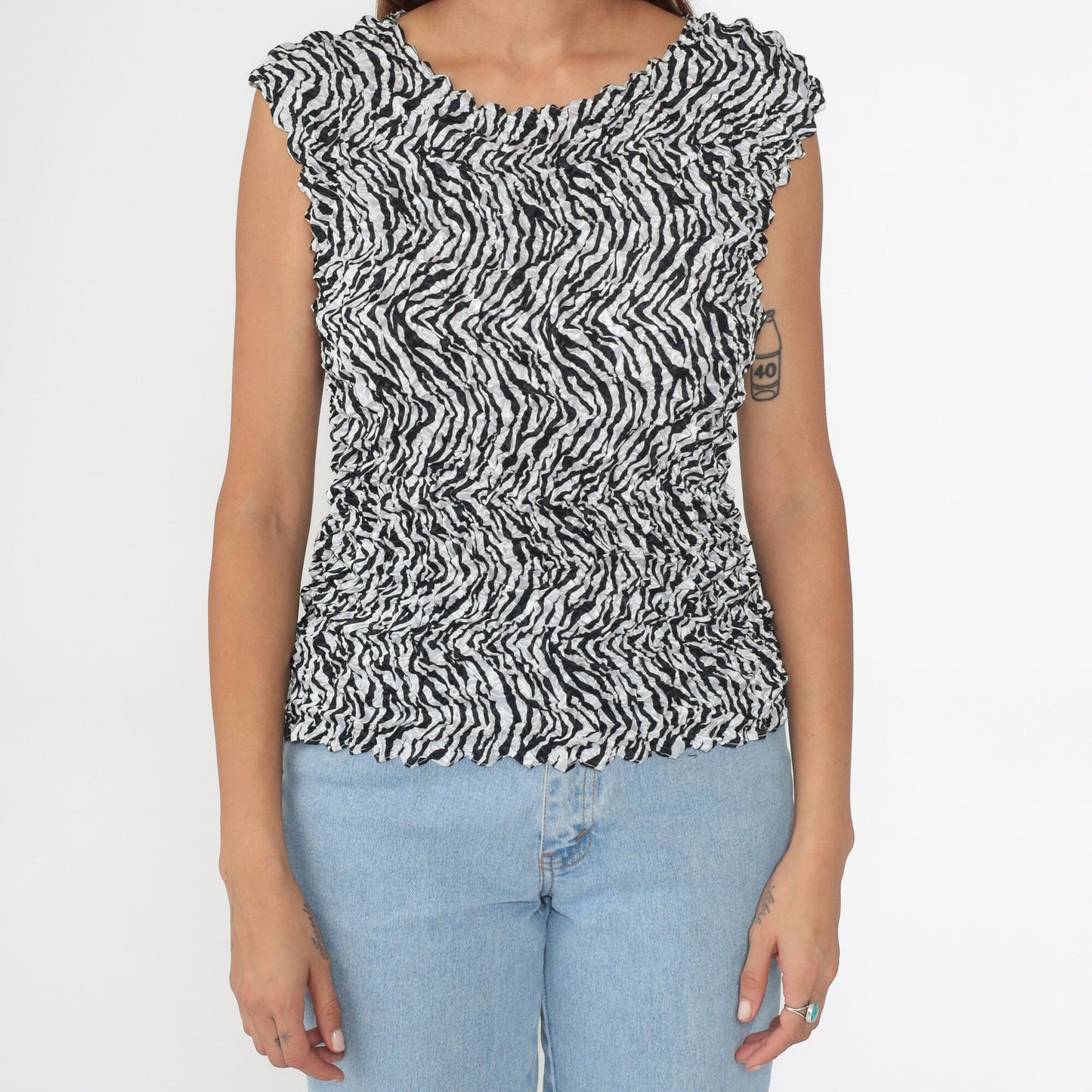 Y2K Zebra Popcorn Texture Tank Top Black White Sleeveless Blouse One Size