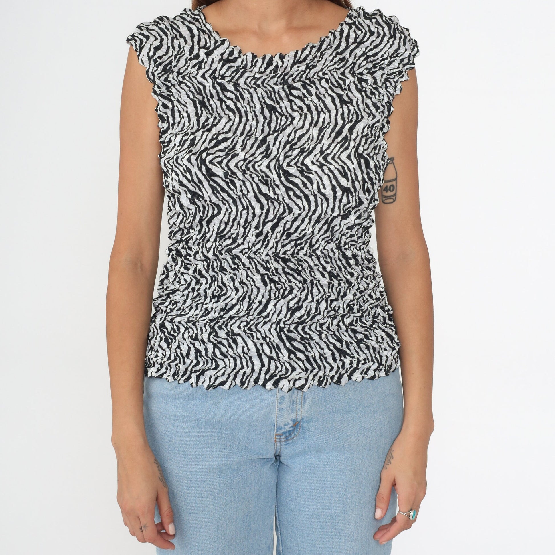 Y2K Zebra Popcorn Texture Tank Top Black White Sleeveless Blouse One Size