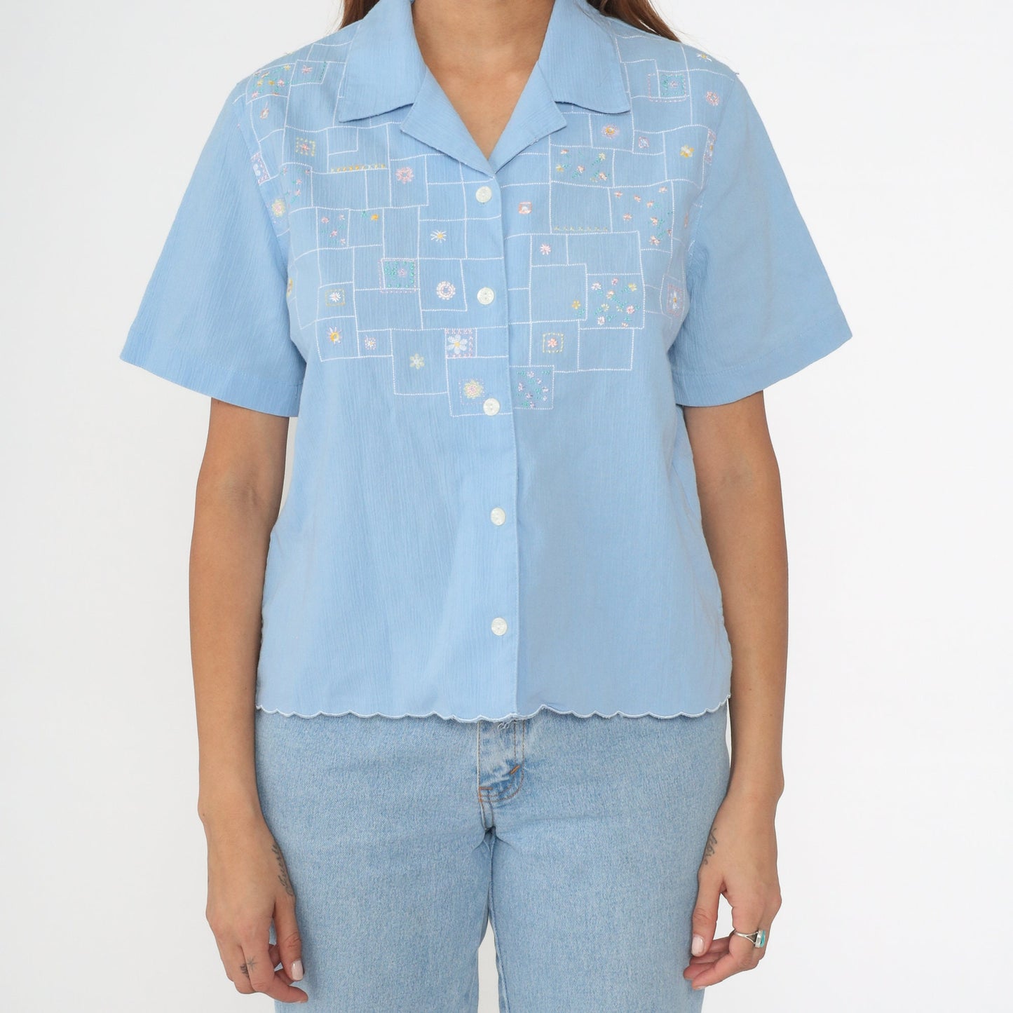 90s Koret Floral Embroidered Button-Up Blouse Baby Blue Cotton Small