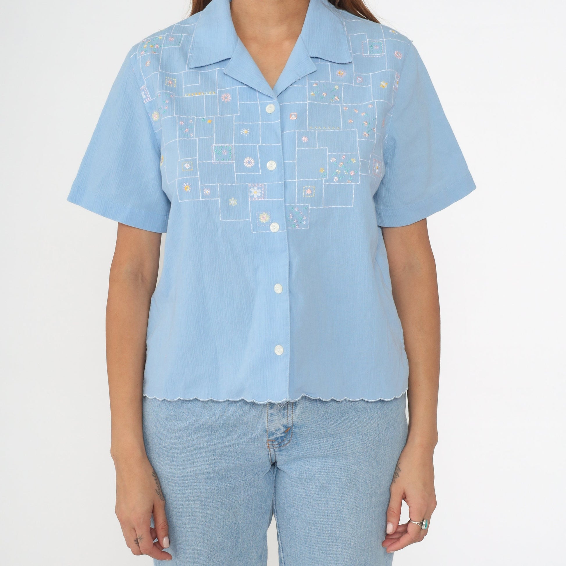 90s Koret Floral Embroidered Button-Up Blouse Baby Blue Cotton Small